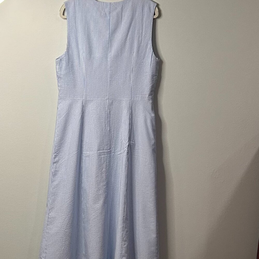 Pomander Place Dress Wms. Medium Blue Seersucker Delta Button Front Midi Size L - Picture 7 of 7